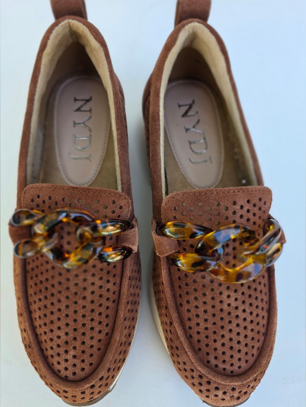 Size 5M NYDJ Fern Suede Platform Loafers Cognac Tortoise Chain Women’s Shoes